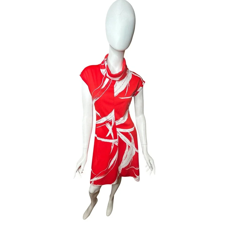 Vintage 70s Dress Red Abstract Cowl Neck Small